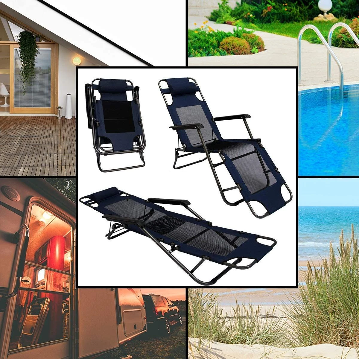 AMANKA 180 X 60 Verstelbare Relaxstoel - Dark Blue 4 AMANKA 180 X 60 Verstelbare Relaxstoel - Dark Blue - Afbeelding 2